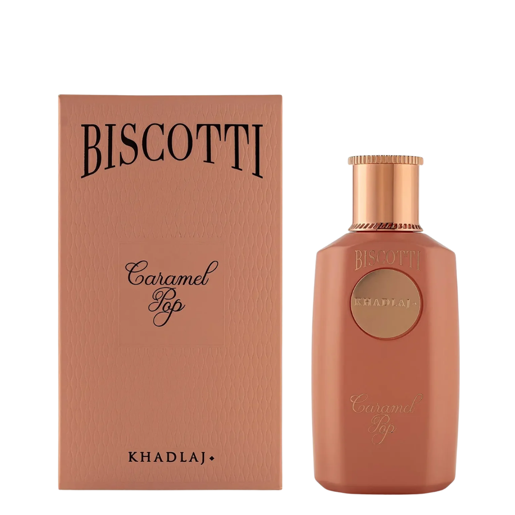 Biscotti Caramel Pop perfume bottle and its matching packaging box by Khadlaj, featuring a warm copper-rose metallic finish on a clean white background.