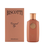 Biscotti Caramel Pop perfume bottle and its matching packaging box by Khadlaj, featuring a warm copper-rose metallic finish on a clean white background.