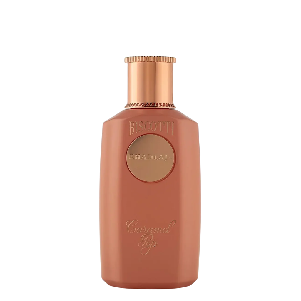 Biscotti Caramel Pop perfume in a metallic copper-colored bottle with a matching cap, shown on a plain white background.