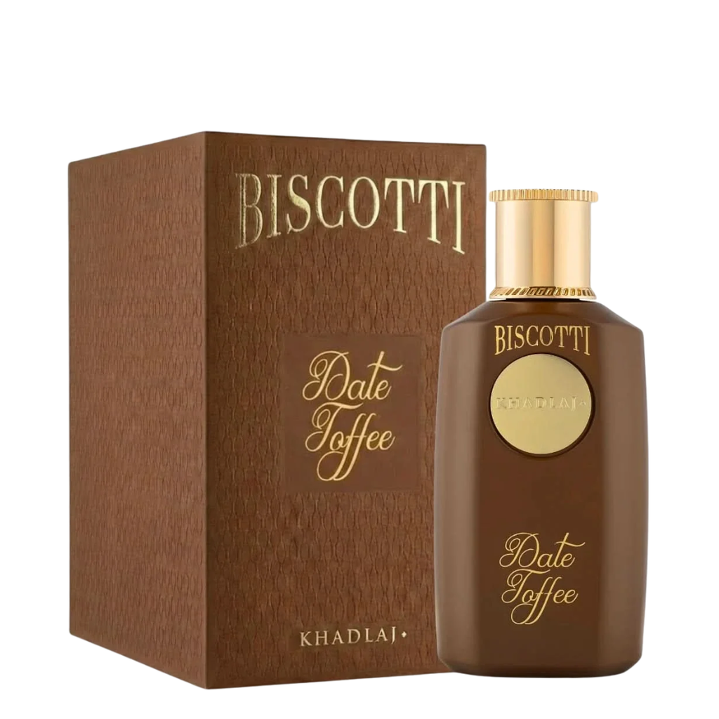 Biscotti Date Toffee cologne bottle next to its brown textured packaging box, both featuring gold lettering and a gold cap, on a white background.