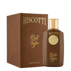Biscotti Date Toffee cologne bottle next to its brown textured packaging box, both featuring gold lettering and a gold cap, on a white background.