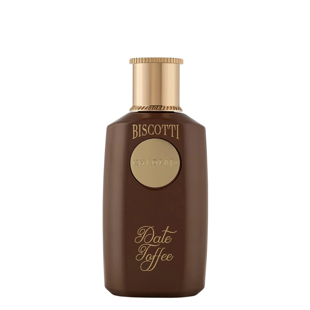 A dark brown bottle of Biscotti Date Toffee with a metallic gold cap and gold lettering on a plain white background.