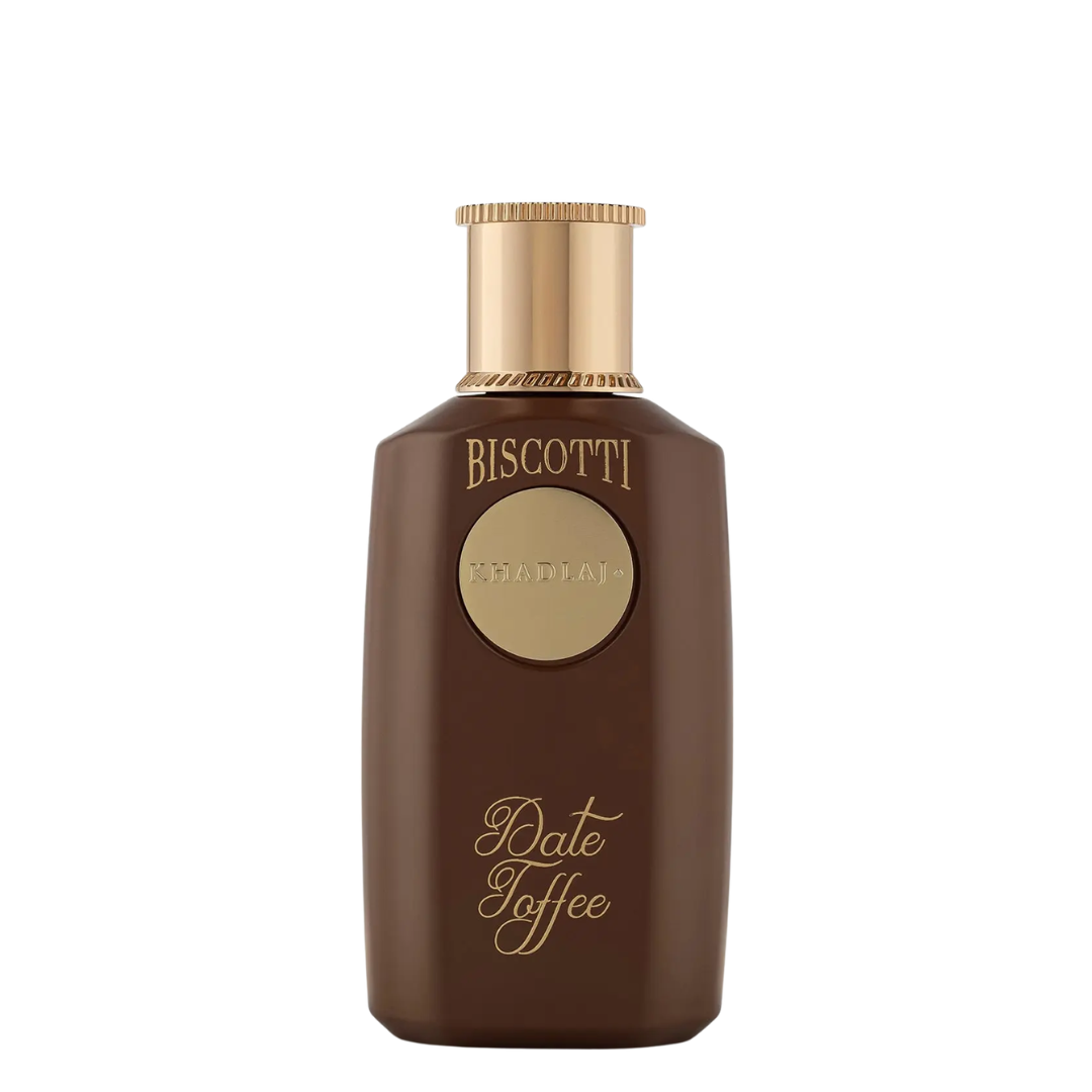 A dark brown bottle of Biscotti Date Toffee with a metallic gold cap and gold lettering on a plain white background.