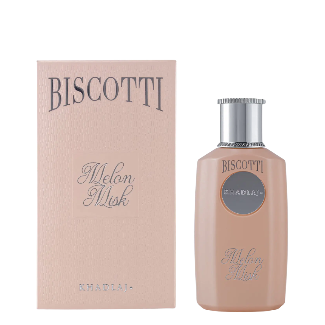 Biscotti Melon Misk Khadlaj fragrance bottle in a pale peach-beige color with a silver cap, shown next to its matching textured packaging box on a white background.