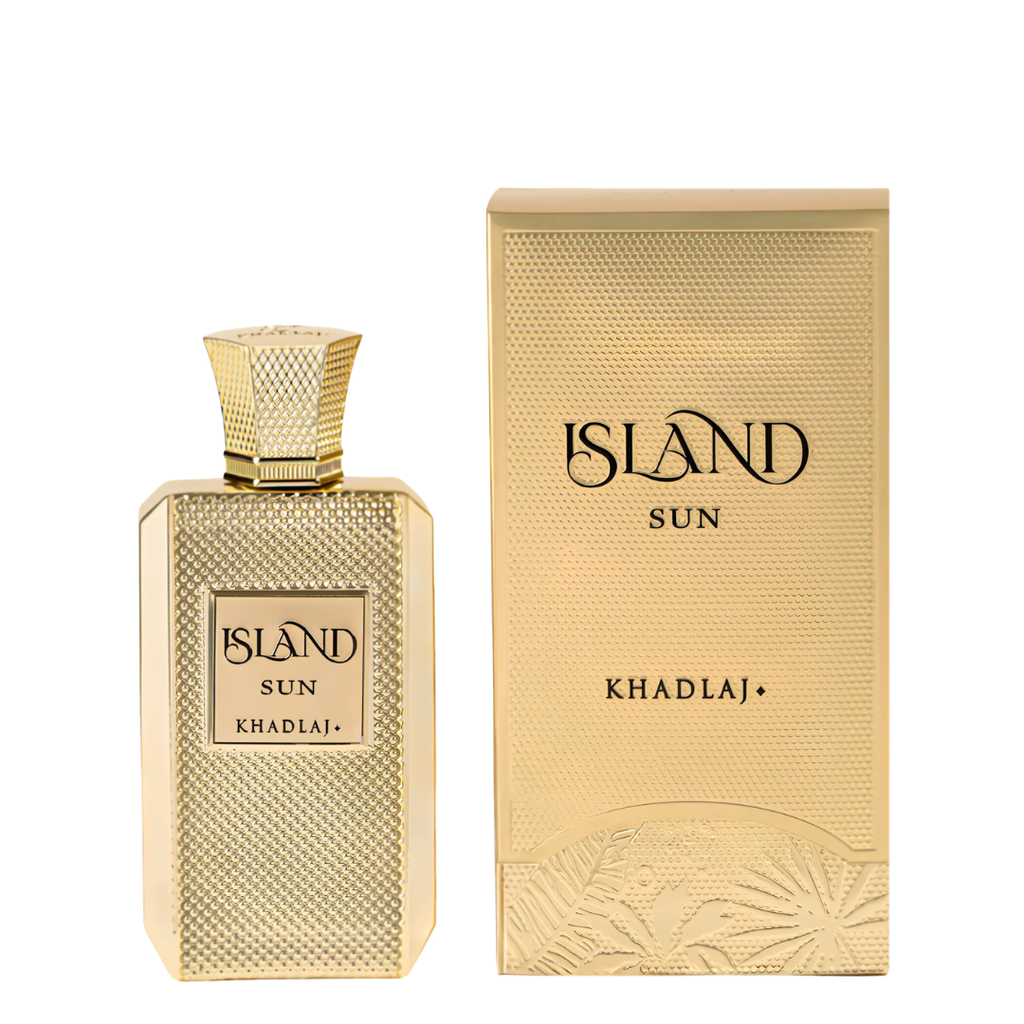 A bottle of Island Sun perfume by Khadlaj+ next to its matching textured gold packaging box, set against a plain white background.