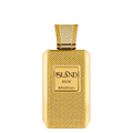 A rectangular gold perfume bottle with a textured, woven-like metallic surface and a matching cap, featuring a central label that reads 'ISLAND SUN KHADLAJ'.