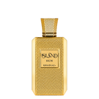 A rectangular gold perfume bottle with a textured, woven-like metallic surface and a matching cap, featuring a central label that reads 'ISLAND SUN KHADLAJ'.