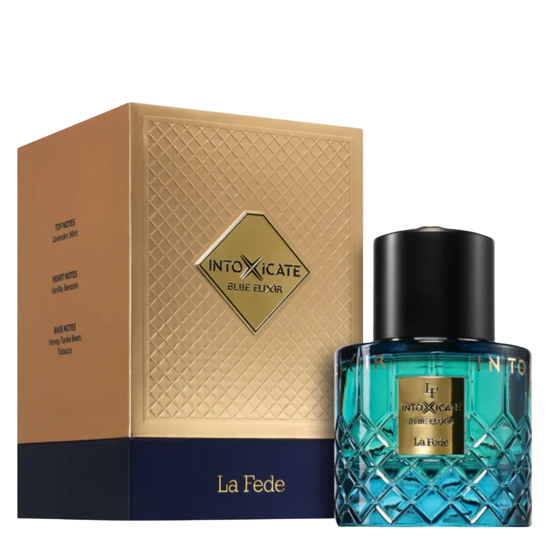 La Fede Intoxicate Blue Elixir perfume bottle next to its gold and navy blue packaging box, on a solid white background.