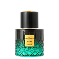 A perfume bottle from the brand INTOXICATE, specifically the 'Mystique La Fede' variant. The bottle is made of a faceted glass that transitions from a dark black top to a vibrant emerald green at the bottom, featuring a textured diamond pattern.