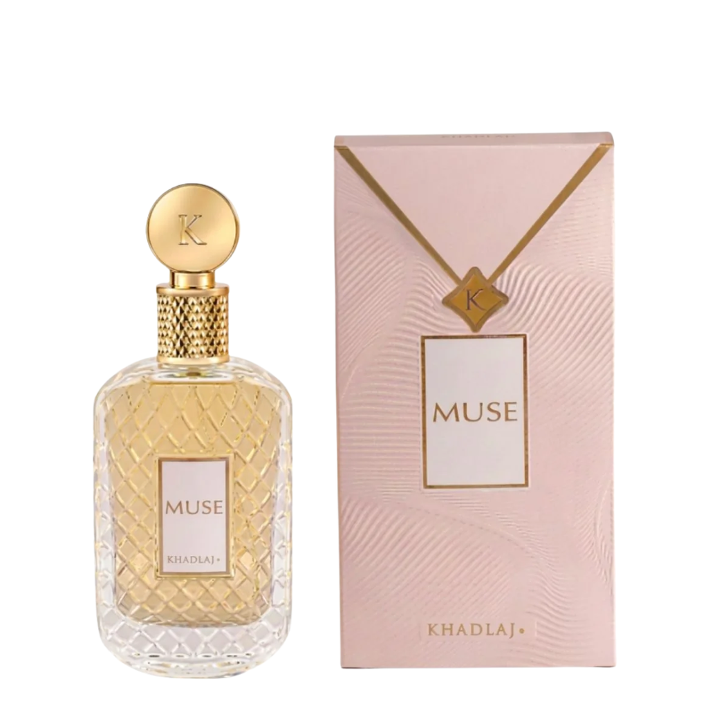 Khadlaj Muse perfume bottle with a textured gold cap and a pink patterned box beside it, both featuring a gold necklace graphic and the brand name Khadlaj.