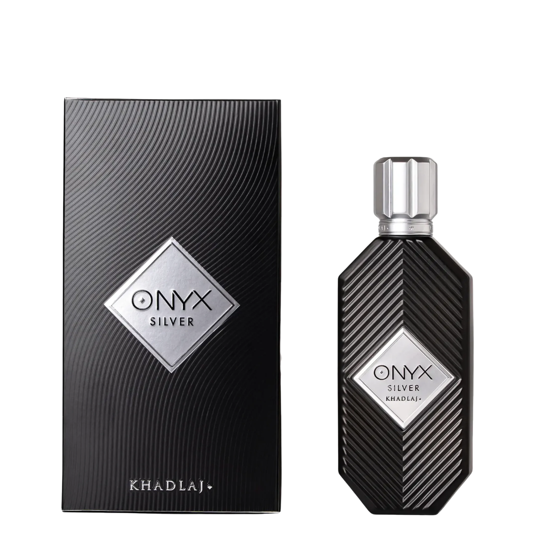 Onyx Silver by Khadlaj perfume bottle and its black textured packaging box, displayed side-by-side on a clean white background.