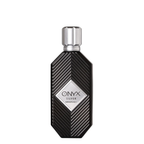 A bottle of Onyx Silver Khadlaj perfume, featuring a black faceted bottle with diagonal textured stripes and a silver cap, centered on a plain white background.