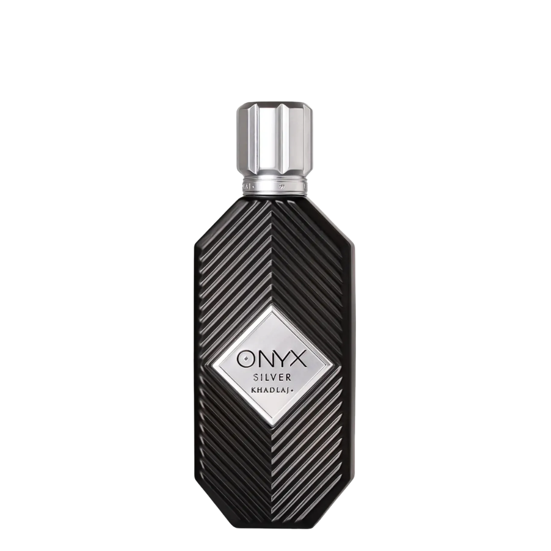 A bottle of Onyx Silver Khadlaj perfume, featuring a black faceted bottle with diagonal textured stripes and a silver cap, centered on a plain white background.