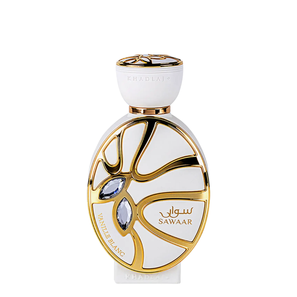 A luxury perfume bottle from Khadlaj's Sawaar Vanille Blanc line, featuring a white body with elegant gold metallic patterns and two clear gemstones, set against a solid white background.