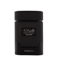 A black textured cylindrical perfume bottle with a textured cap, featuring a black label with white Arabic script and 'SHIYAAKA SHADOW' in English, and 'KHADLAJ+' printed at the bottom, set against a plain white background.