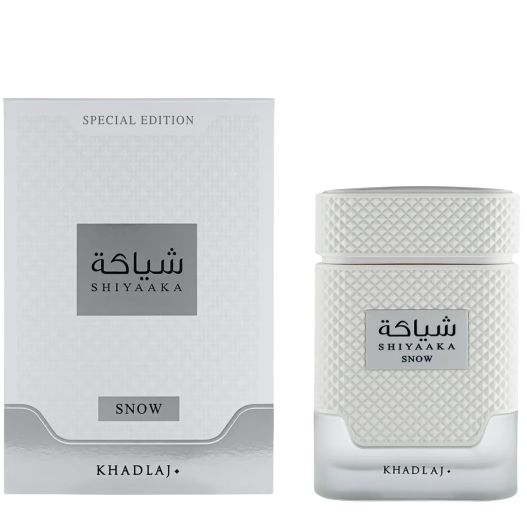 Shiyyaaka Snow perfume bottle and its matching packaging box by KhadlaJ, presented on a clean white background.