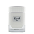 Shiyaaka Snow perfume bottle by Khadlaj, featuring a textured white cap and body with a clear glass base, on a white background.