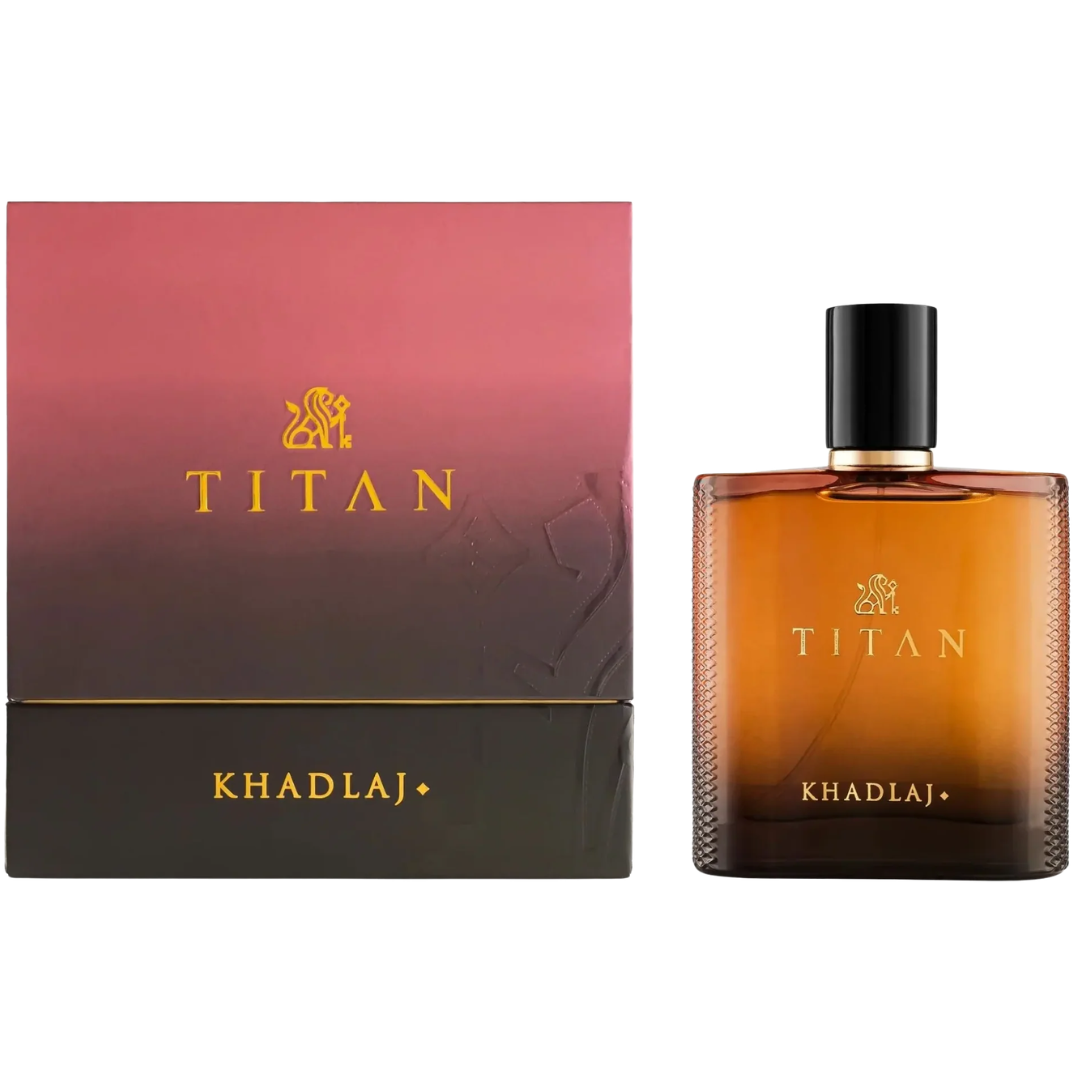 Khadlaj Titan cologne bottle and its packaging box. The bottle is made of amber glass with a textured pattern, a black cap, and gold lettering.