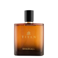 Khadlaj Titan cologne bottle in amber brown glass with a black cap and gold lettering, shown on a plain white background.