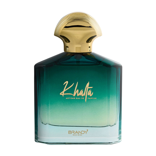 Perfume bottle with gold cap and gradient blue design on a white background. Khalta by Brandy Designs Unisex Perfume