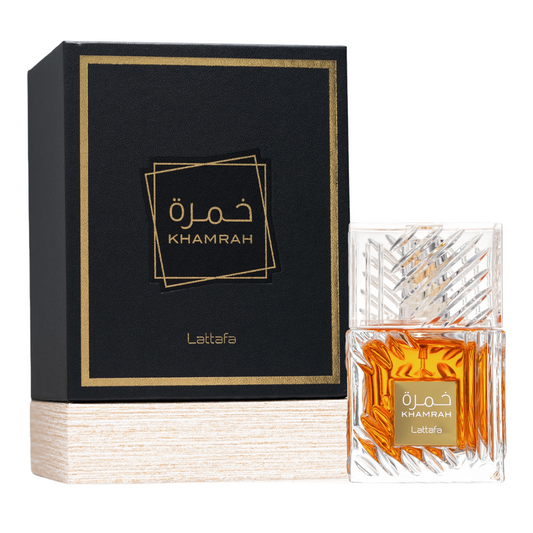 Clone / dupe of / inspired by Killian - Angels' Share unisex scents. Lattafa Khamrah Eau de Parfum with Luxury Perfume Box – Elegant amber fragrance in a premium clear glass bottle with intricate cuts, paired with a black and gold presentation box, perfect for niche perfume lovers.