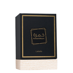 Lattafa Khamrah Premium Perfume Packaging – Stylish black and gold perfume box with textured wooden base, highlighting a high-end Middle Eastern fragrance presentation.