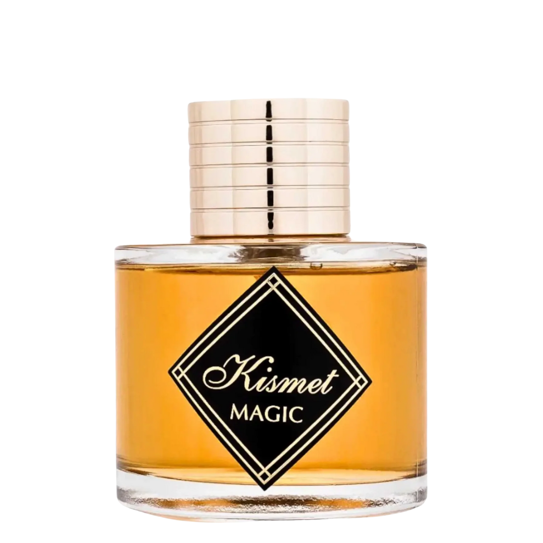 Perfume bottle labeled 'Kismet Magic' with a gold cap on a white background