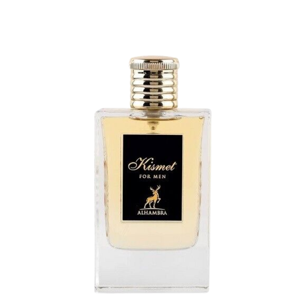 Perfume bottle labeled 'Kismet for Men' by Alhambra on a white background