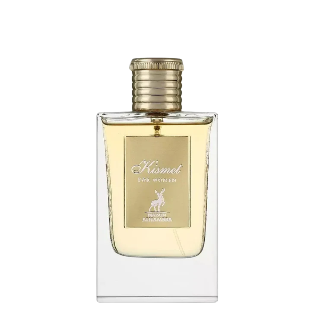 Perfume bottle labeled 'Kismet for Women' by Al Haramain on a white background