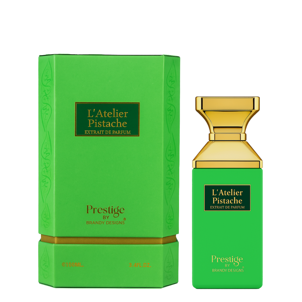 Green perfume bottle and packaging with gold accents on a white background