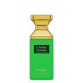 Green perfume bottle with gold cap on a white background