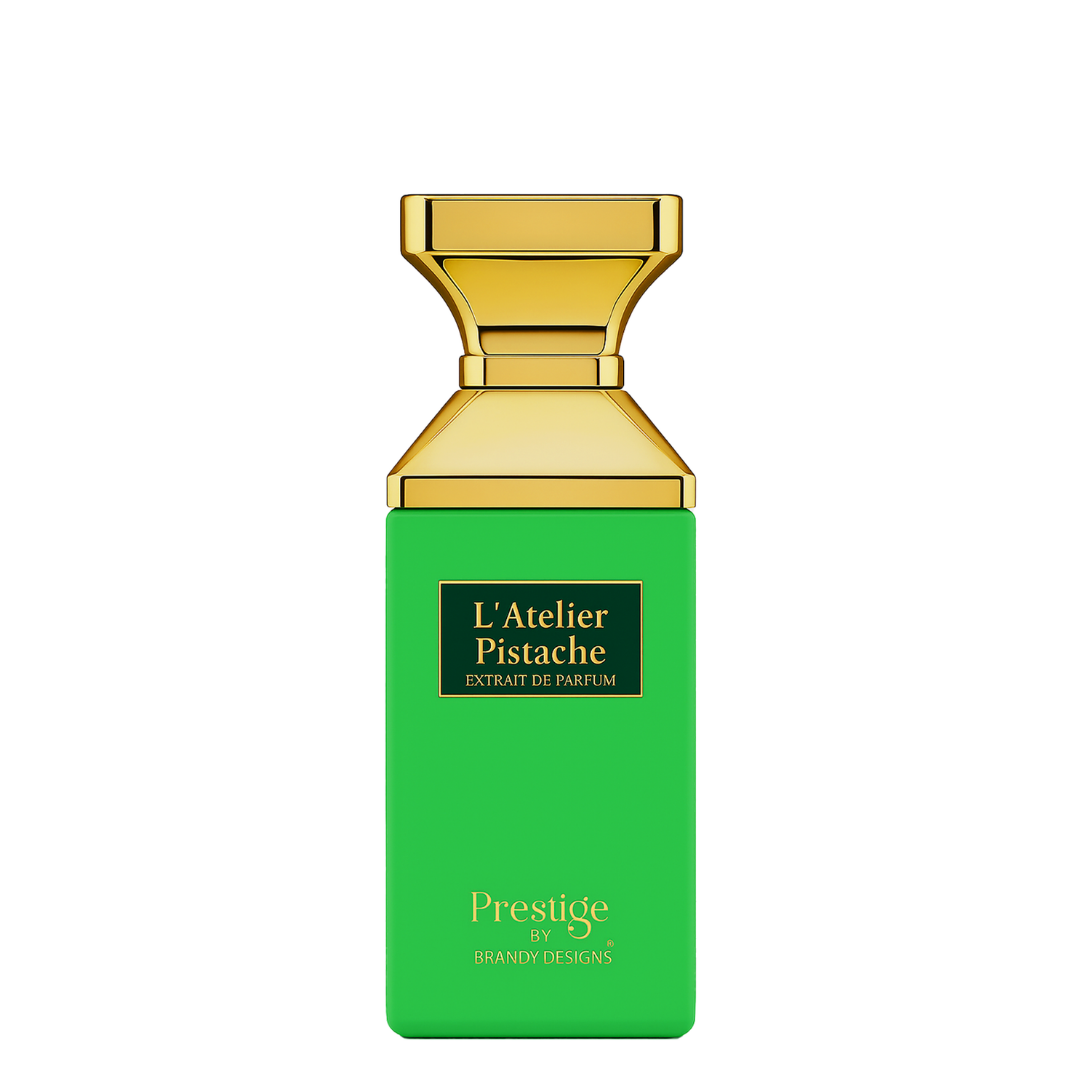 Green perfume bottle with gold cap on a white background