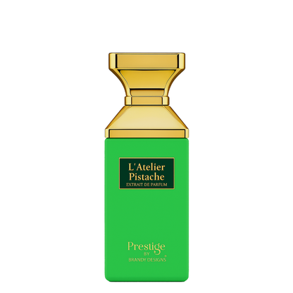 Green perfume bottle with gold cap on a white background
