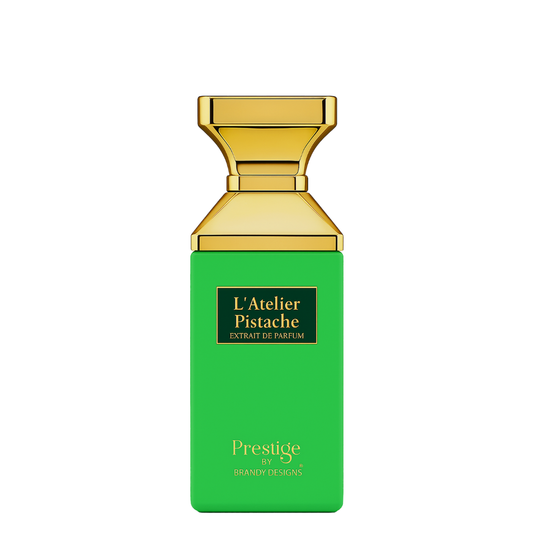 Green perfume bottle with gold cap on a white background
