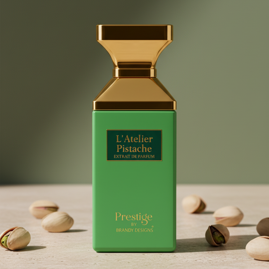 Green perfume bottle with gold cap labeled 'L'Atelier Pistache' on a wooden surface with pistachios.