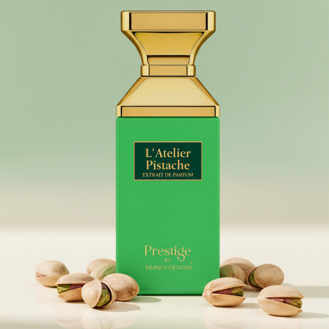 Green perfume bottle with gold cap labeled 'L'Atelier Pistache' on a light green background with pistachios.