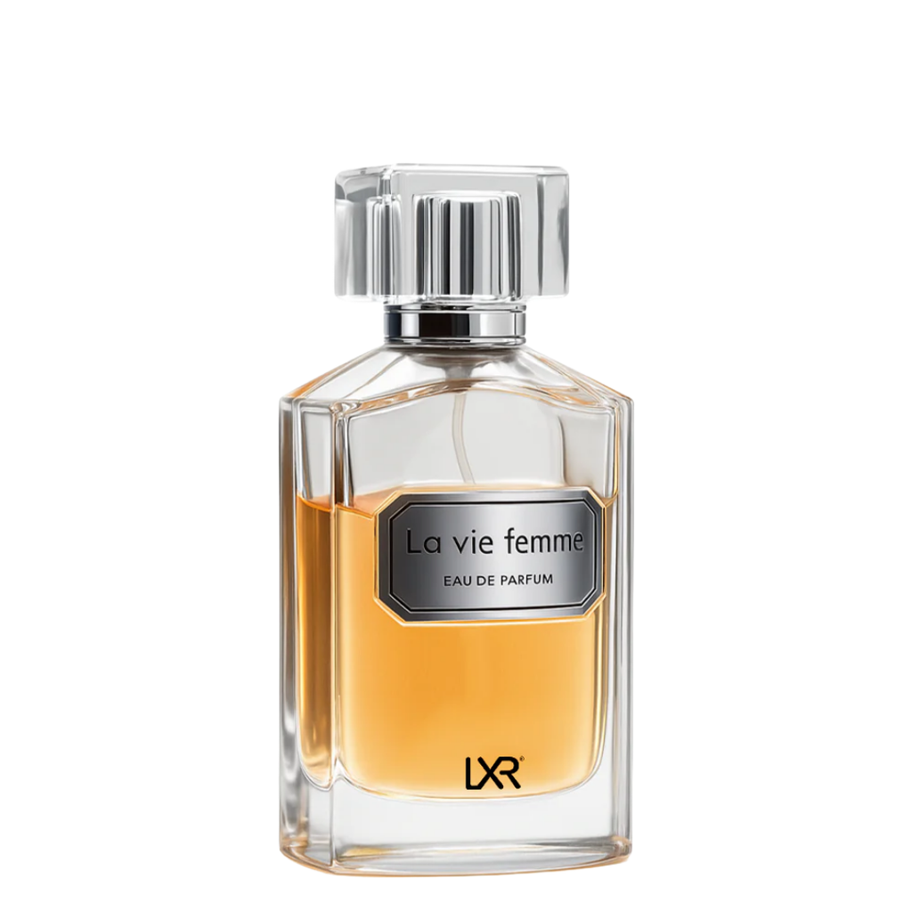 Perfume bottle labeled 'La vie femme' by LXR on a white background