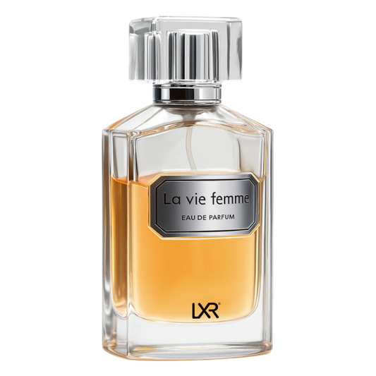 Perfume bottle labeled 'La vie femme' by LXR on a white background