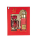 Perfume set with red and gold packaging on a white background. Lamsat Harir Giftset by Arabiyat Womens Perfume