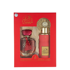 Perfume set with red and gold packaging on a white background. Lamsat Harir Giftset by Arabiyat Womens Perfume