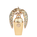 A luxury perfume bottle with a ribbed cream-colored body, a gold cap, and a decorative top featuring two peacock wings embellished with multicolored rhinestones. Lattafa: Afeef