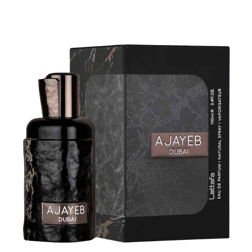 AJAYEB Dubai perfume bottle and packaging on a white background