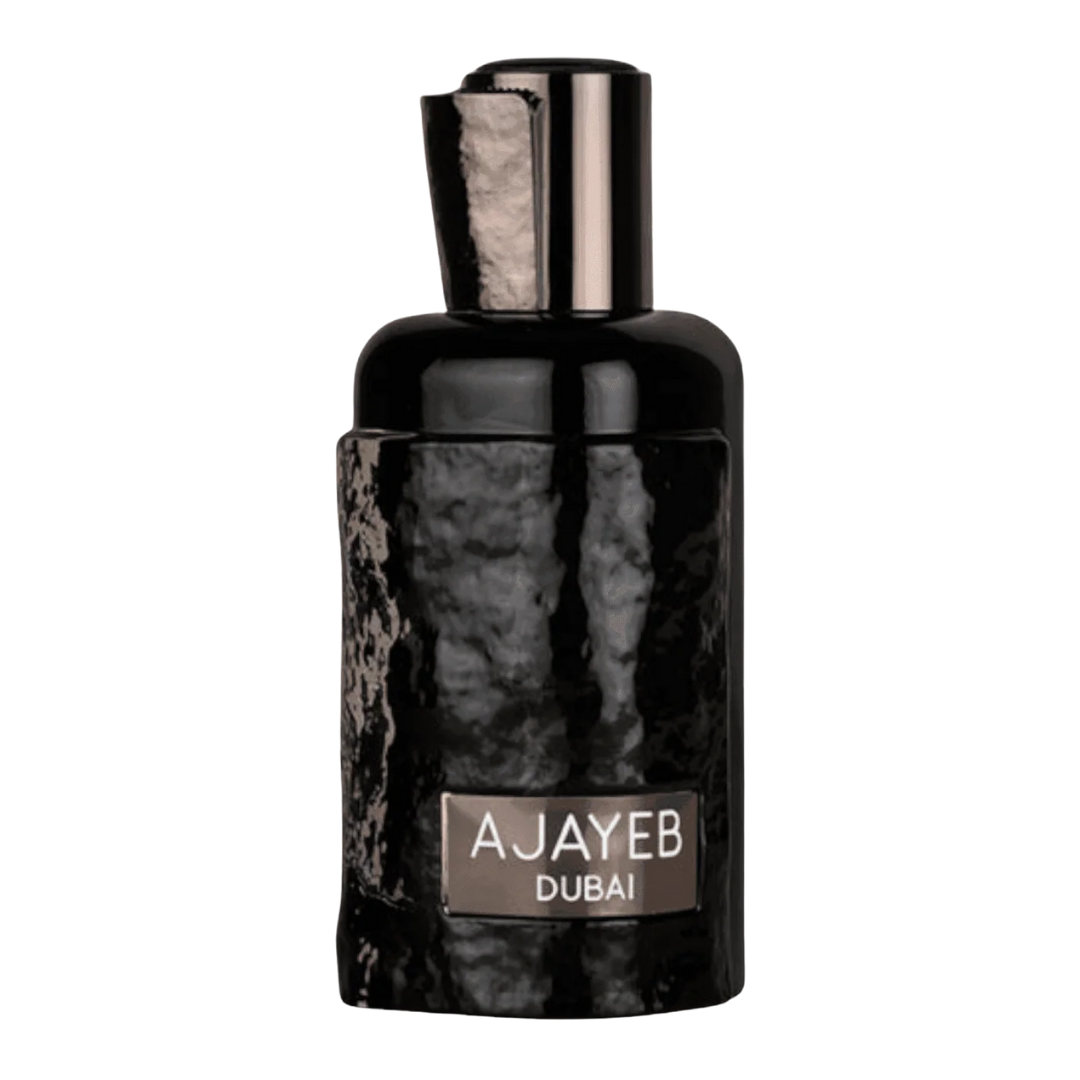 Black marble-textured Ajayeb Dubai perfume bottle on a white background
