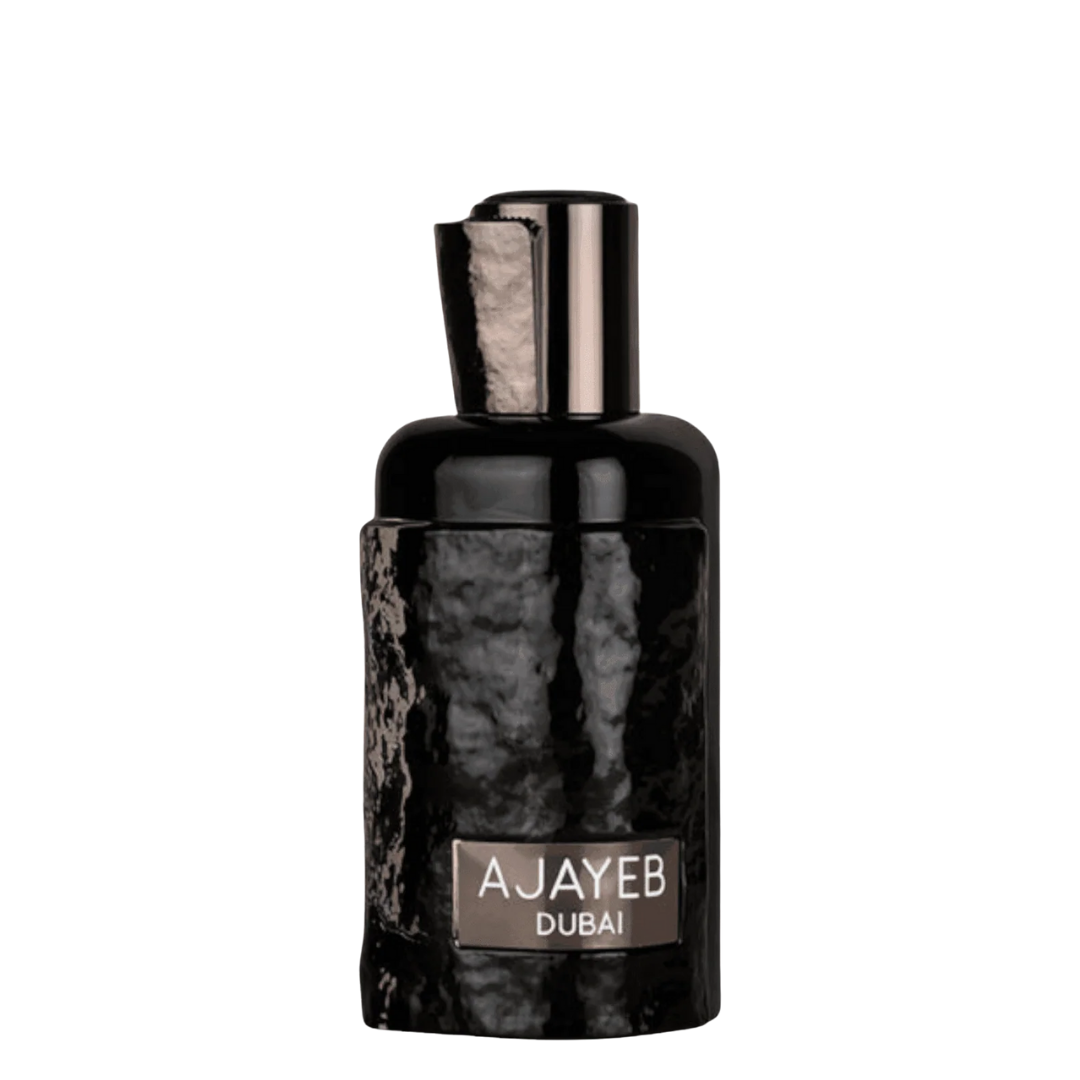 Black marble-textured Ajayeb Dubai perfume bottle on a white background