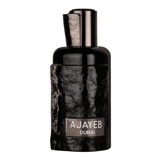 Black marble-textured Ajayeb Dubai perfume bottle on a white background