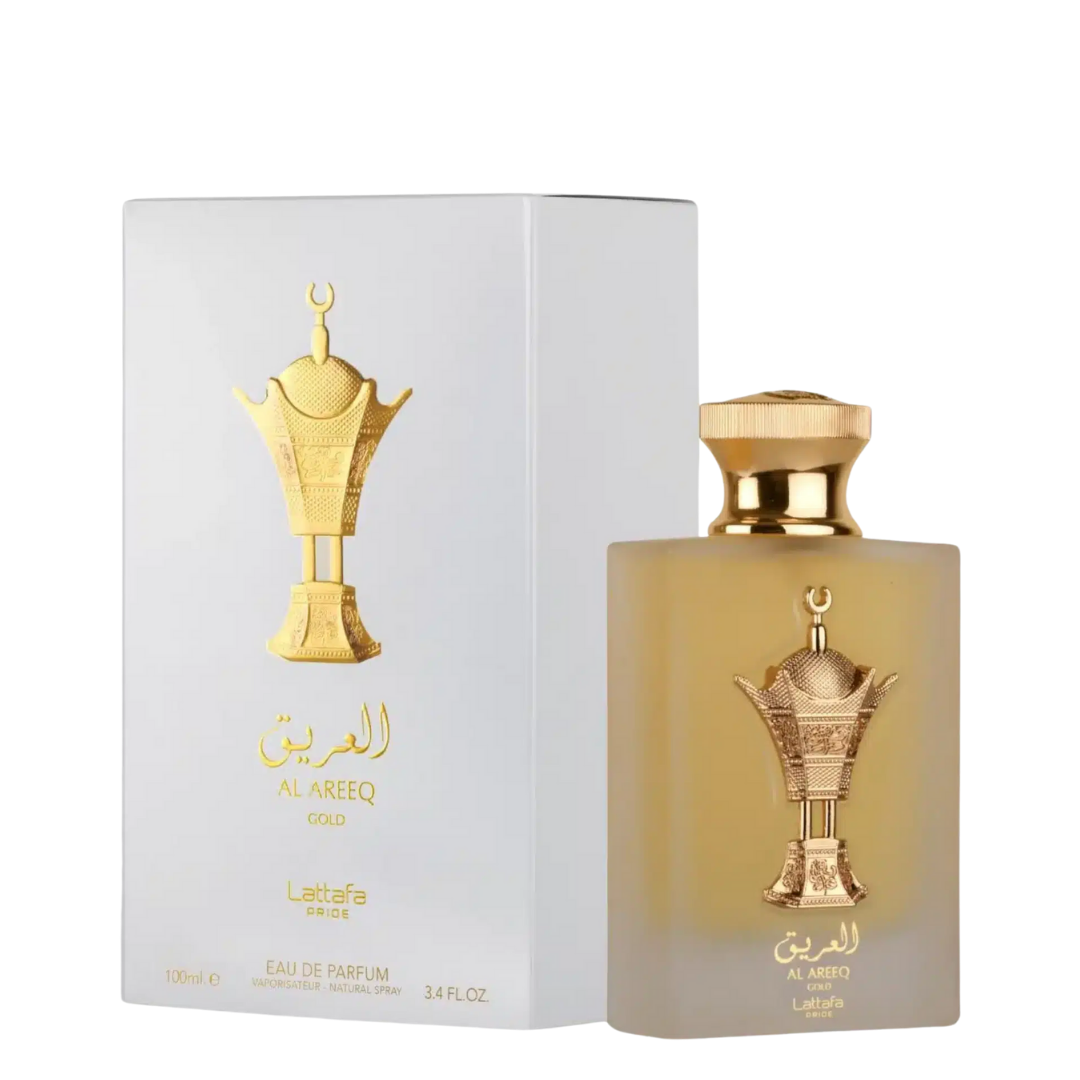 Perfume bottle and packaging of Al Areeq Gold by Lattafa on a white background