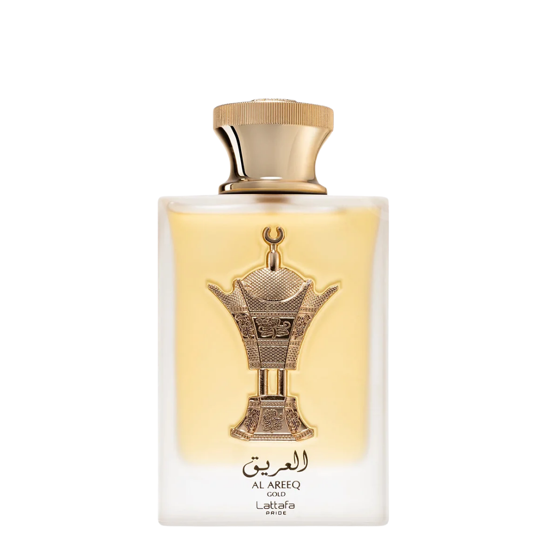 Perfume bottle with gold cap and intricate design on a white background. Lattafa Al Areeq Gold Unisex Perfume