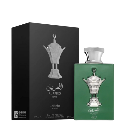 Lattafa Al Areeq Silver perfume bottle and packaging on a white background