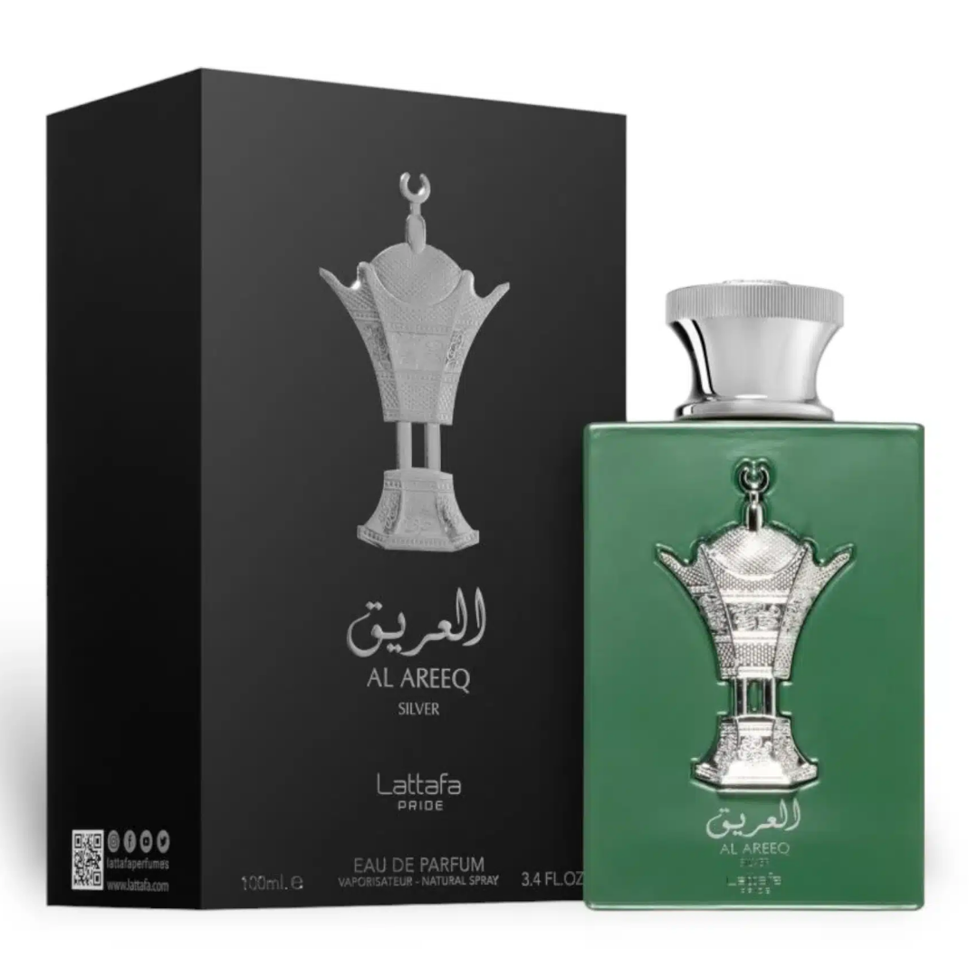 Lattafa Al Areeq Silver perfume bottle and packaging on a white background