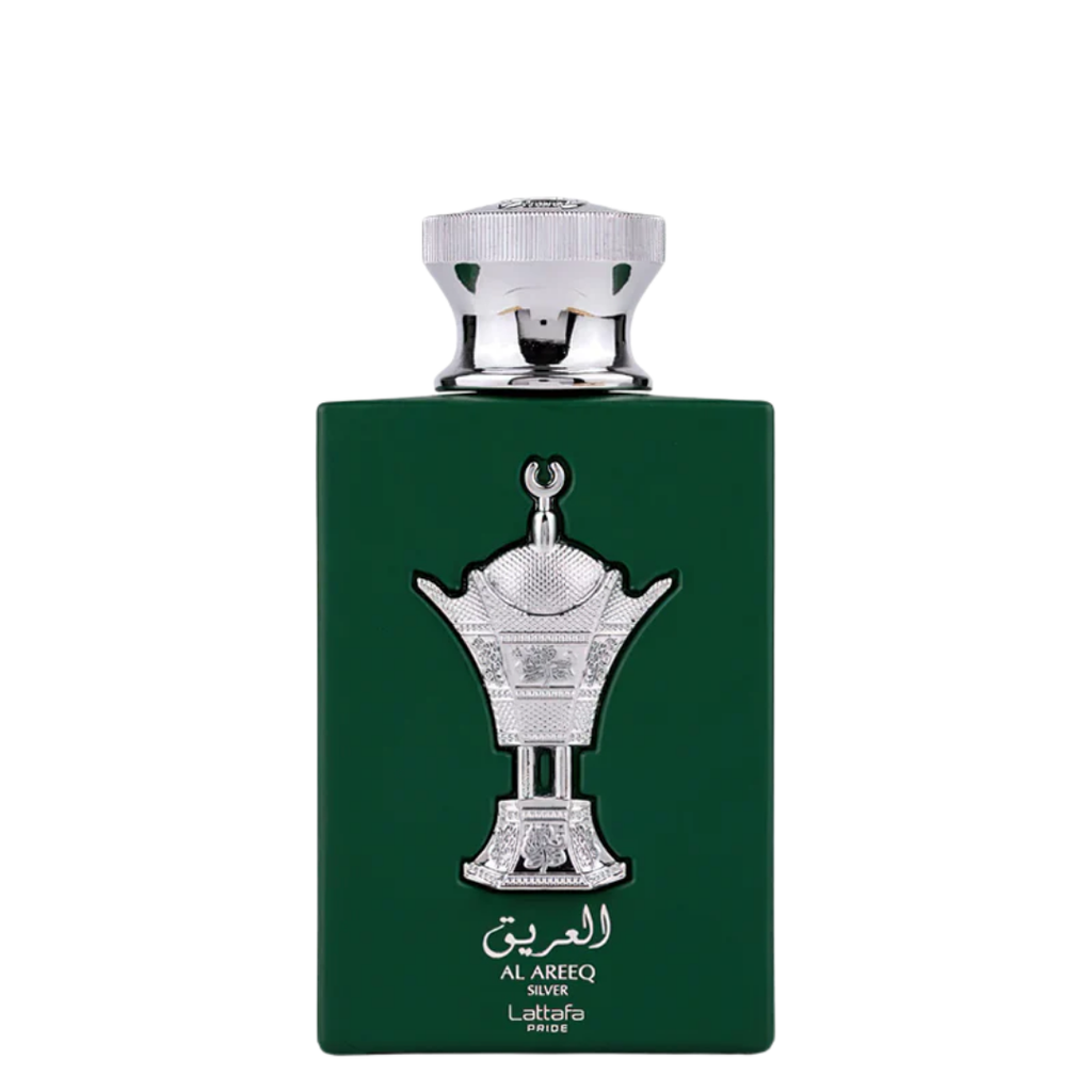 Green perfume bottle with silver cap and decorative label on a white background. Lattafa Al Areeq Silver Unisex Perfume